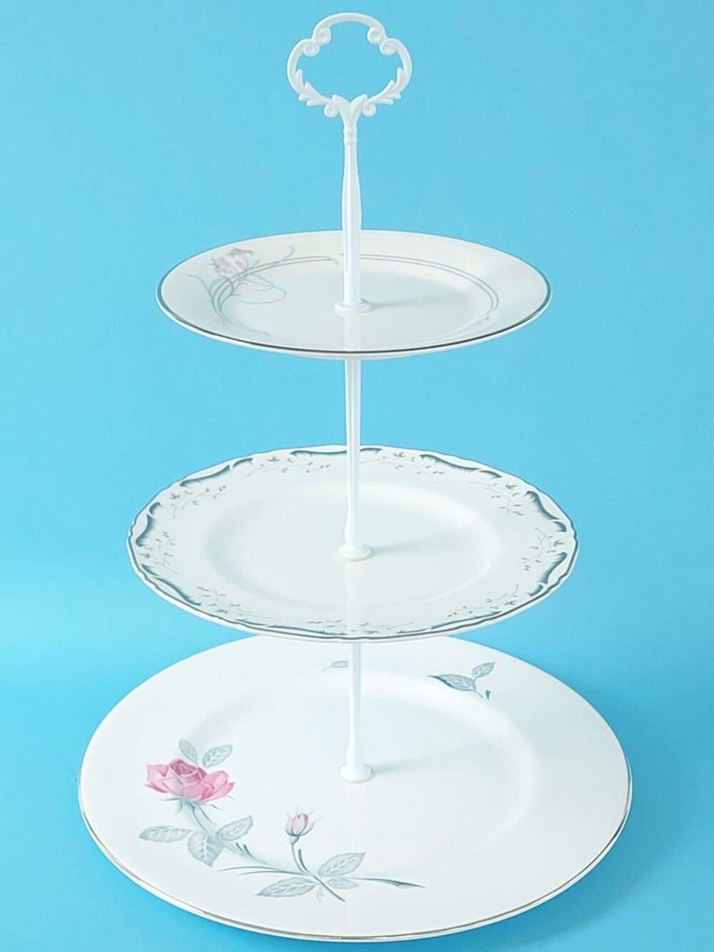 Bone China 3-Tier Pink Silver Cake Stand Dessert Serving Centerpiece Wedding